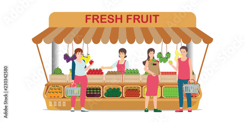 Local farm market fruit shop with fruit seller.