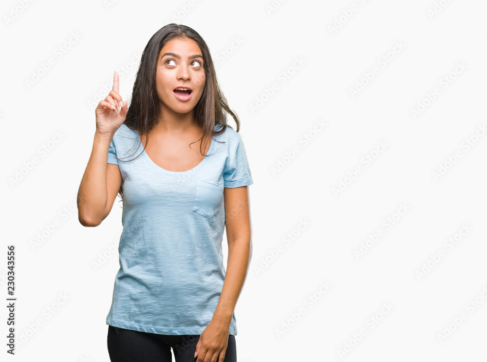 Young beautiful arab woman over isolated background pointing finger up with successful idea. Exited and happy. Number one. Young beautiful arab woman over isolated background pointing finger up with successful idea. Exited and happy. Number one.