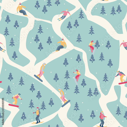 Snowboarders and skiers ride in the ski resort. People in the winter are engaged in active recreation. Snow, Christmas trees, mountain, skiing on the weekends.