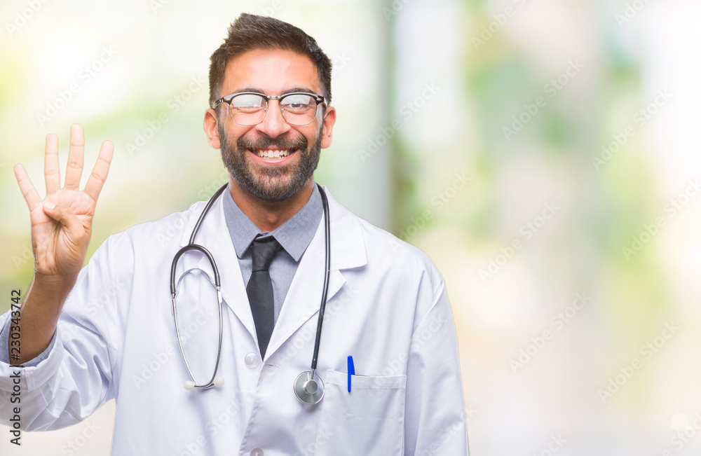 Adult hispanic doctor man over isolated background showing and pointing up with fingers number four while smiling confident and happy. Adult hispanic doctor man over isolated background showing and pointing up with fingers number four while smiling confident and happy.