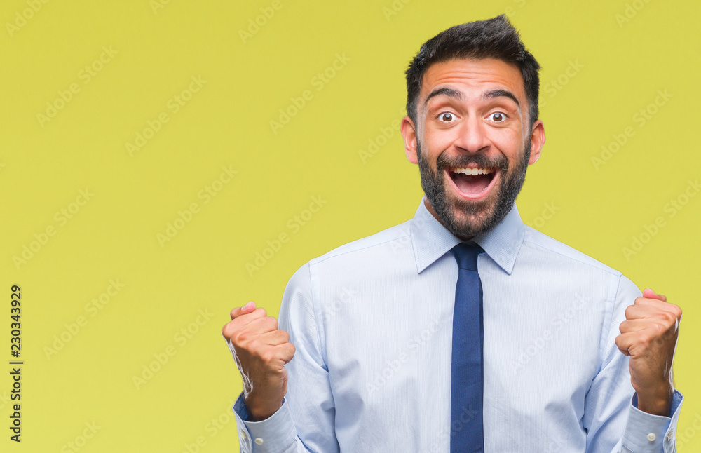 Adult hispanic business man over isolated background celebrating surprised and amazed for success with arms raised and open eyes. Winner concept. Adult hispanic business man over isolated background celebrating surprised and amazed for success with arms raised and open eyes. Winner concept.