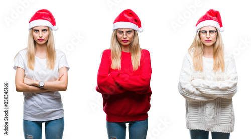 Collage of young beautiful blonde woman wearing christmas hat over isolated background skeptic and nervous, disapproving expression on face with crossed arms. Negative person.