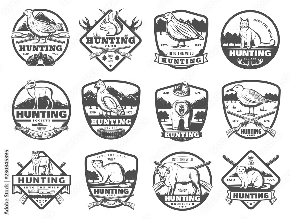Hunt club wild animals and birds vector icons Hunt club wild animals and birds vector icons