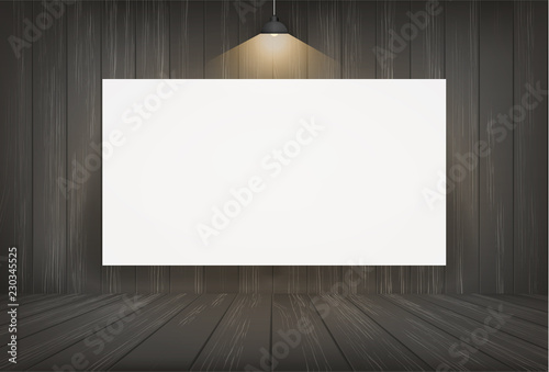 White canvas frame in dark room space background. Vector.