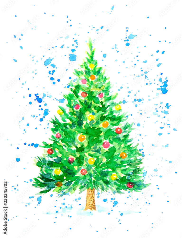 Christmas Fir Tree with Balls Covered by Snowflakes as Postcard. Watercolor Hand Drawn and Painted. Isolated on White Background