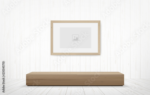Picture frame and wooden bench in white room space background. Vector.