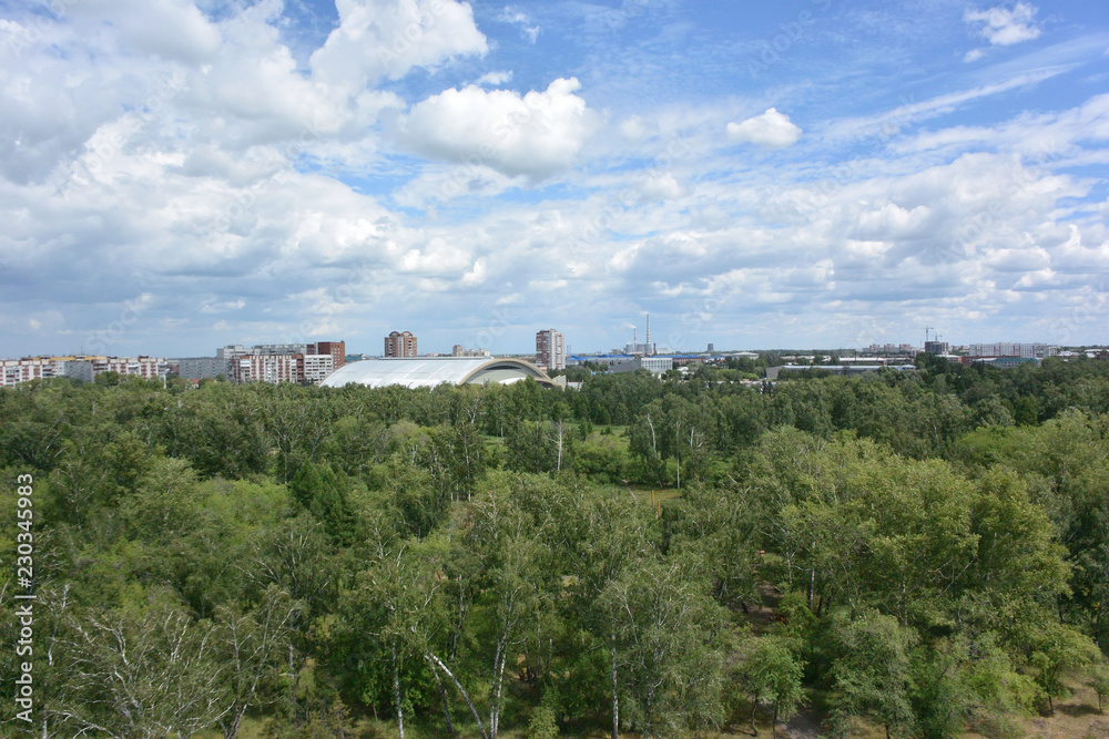 The view from the ferris wheel at the park and the city of Omsk