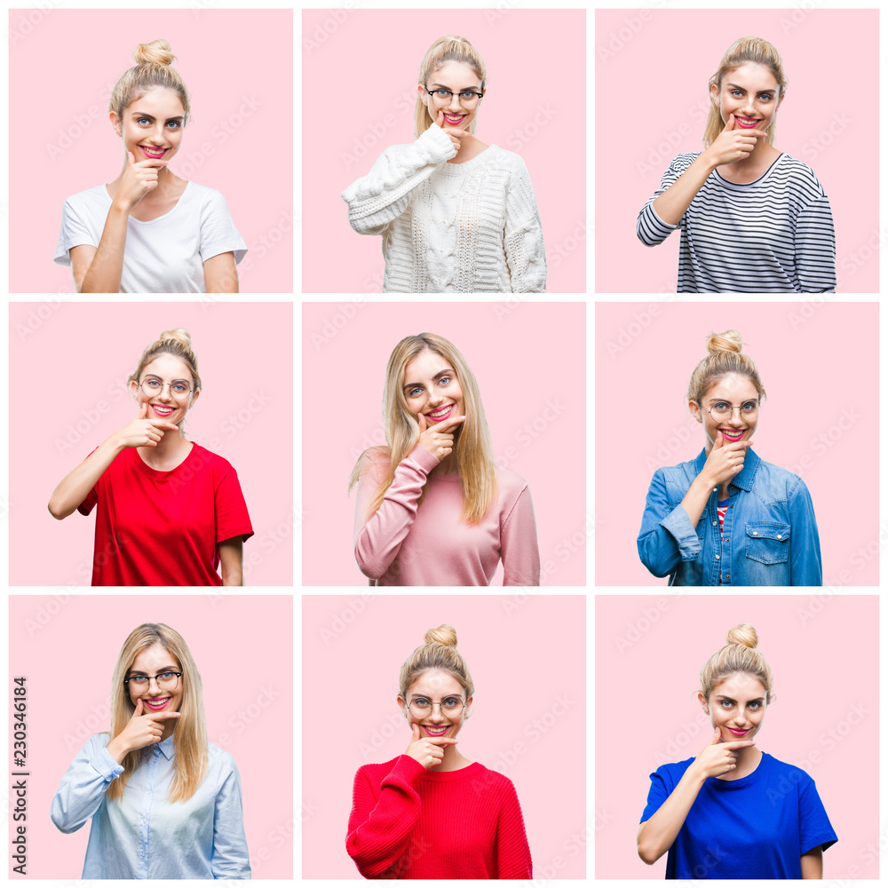Obraz premium Collage of young beautiful blonde woman over pink isolated background looking confident at the camera with smile with crossed arms and hand raised on chin. Thinking positive.