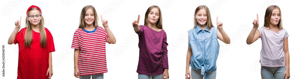 Collage of young beautiful little girl kid over isolated background showing and pointing up with finger number one while smiling confident and happy. Collage of young beautiful little girl kid over isolated background showing and pointing up with finger number one while smiling confident and happy.