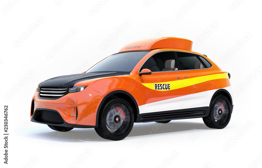 Orange electric rescue SUV isolated on white background. 3D rendering image.