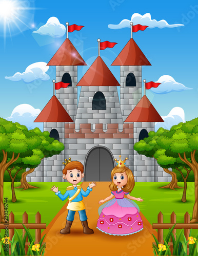 Couple princess and prince standing in front of the castle