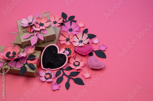 Presents decorated with rose flowers sakura and leaves