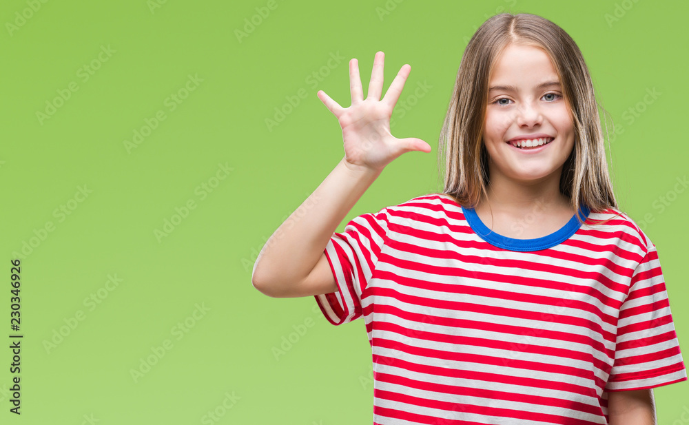 Young beautiful girl over isolated background showing and pointing up with fingers number five while smiling confident and happy. Young beautiful girl over isolated background showing and pointing up with fingers number five while smiling confident and happy.