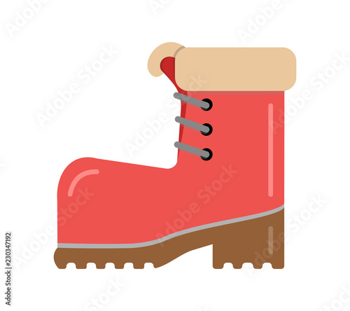 Boot red with brown sole with warm fur. Vector element isolated on light background.