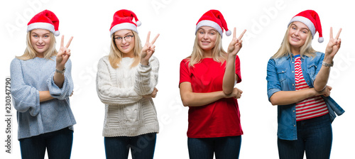 Collage of young beautiful blonde woman wearing christmas hat over white isolated backgroud smiling with happy face winking at the camera doing victory sign. Number two. © Krakenimages.com