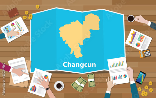 changcun china jilin province city region economy growth with team discuss on fold maps view from top