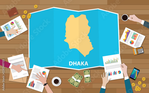 dhaka dacca bangladesh city region economy growth with team discuss on fold maps view from top