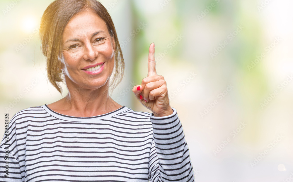 Middle age senior hispanic woman over isolated background pointing finger up with successful idea. Exited and happy. Number one. Middle age senior hispanic woman over isolated background pointing finger up with successful idea. Exited and happy. Number one.