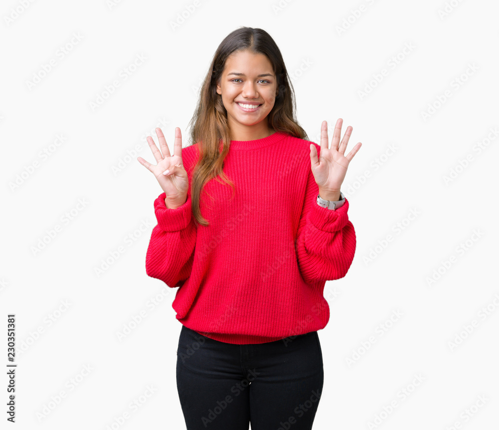 Young beautiful brunette woman wearing red winter sweater over isolated background showing and pointing up with fingers number nine while smiling confident and happy. Young beautiful brunette woman wearing red winter sweater over isolated background showing and pointing up with fingers number nine while smiling confident and happy.