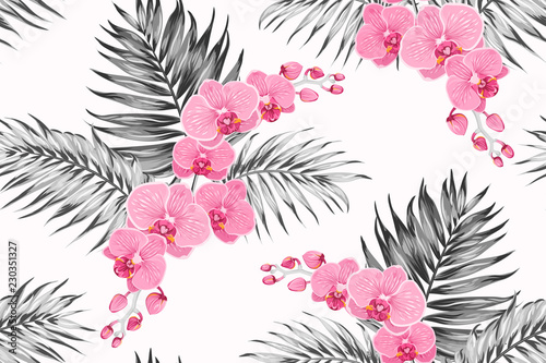 Bright pink purple orchid phalaenopsis exotic flowers bouquet with tropical jungle palm tree leaves. Greyscale color contrast white background. Seamless pattern texture for fashion, textile, fabric.