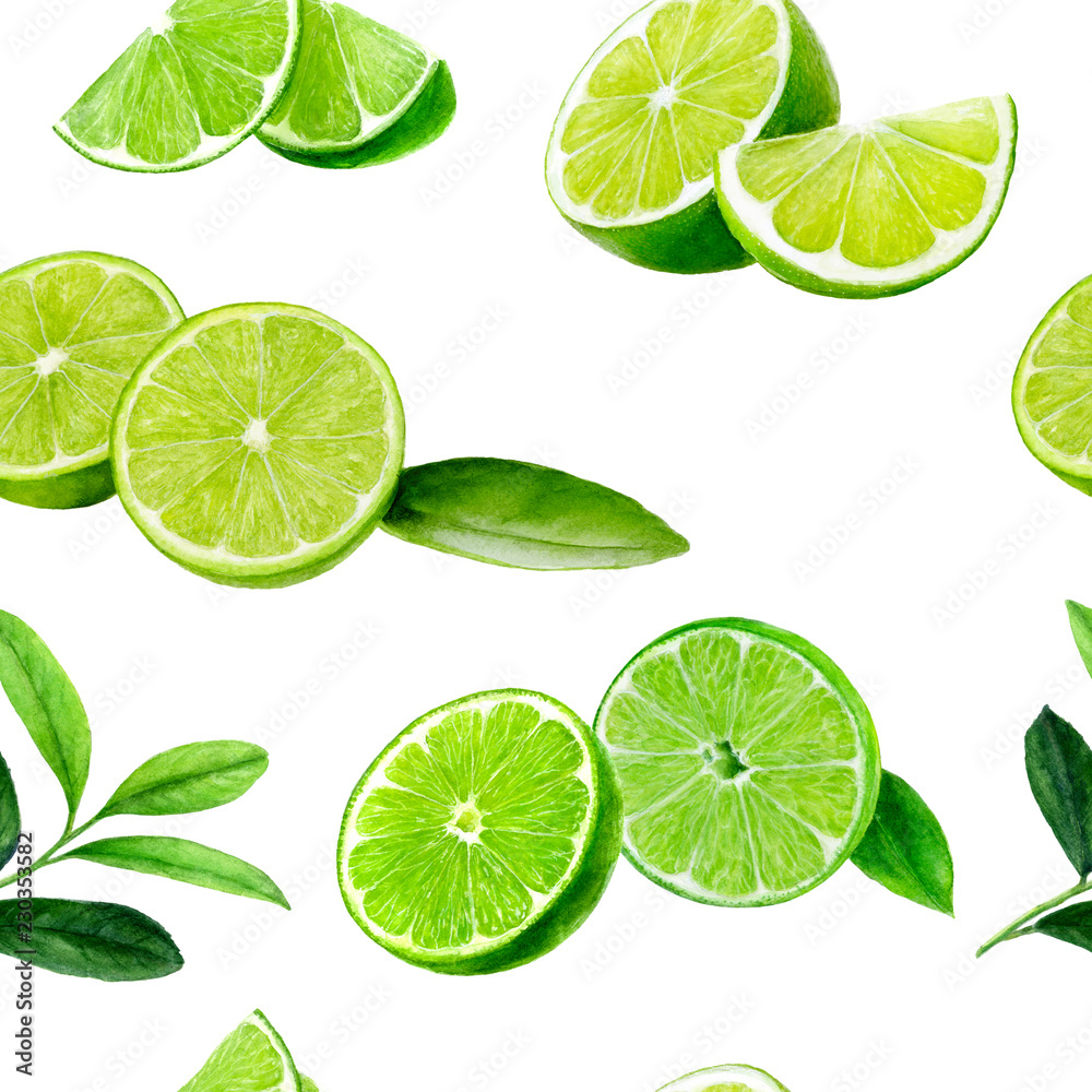 Lime fruit seamless watercolor pattern. Hand draw illustration.