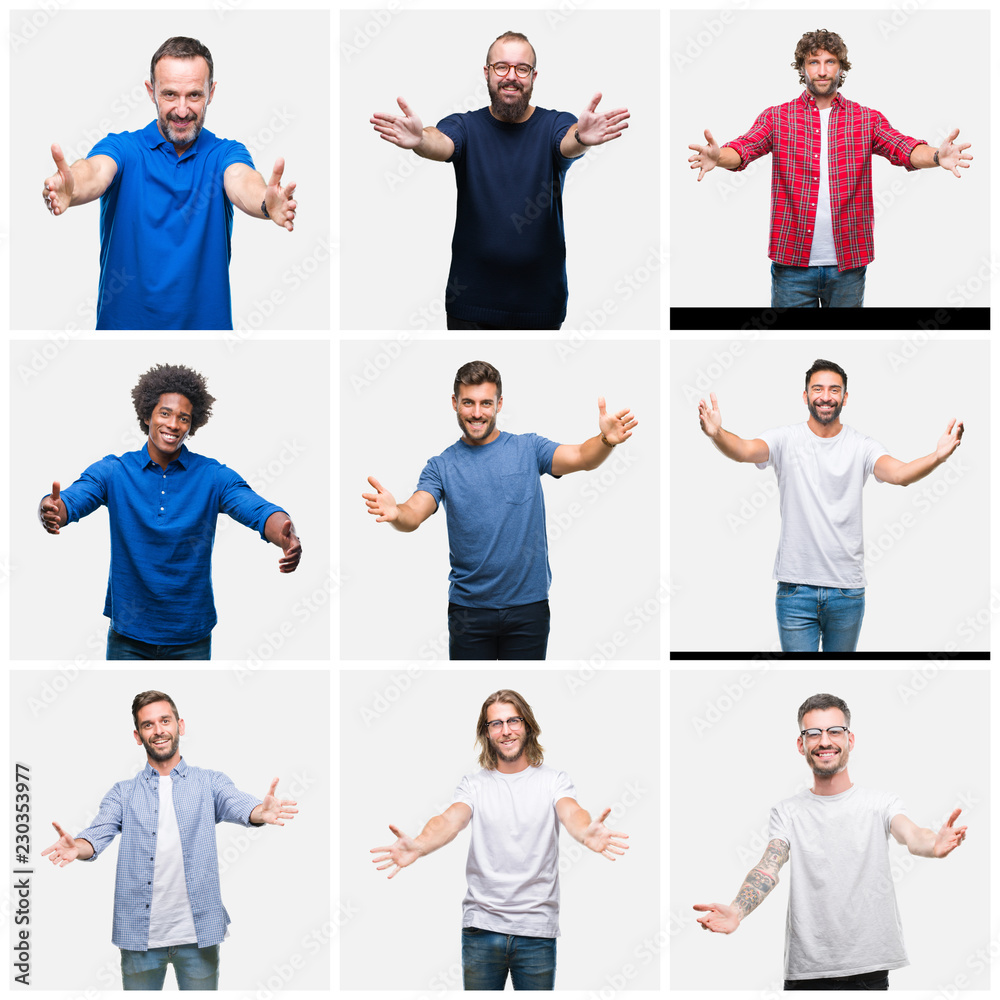 Obraz premium Collage of group of men over white isolated background looking at the camera smiling with open arms for hug. Cheerful expression embracing happiness.