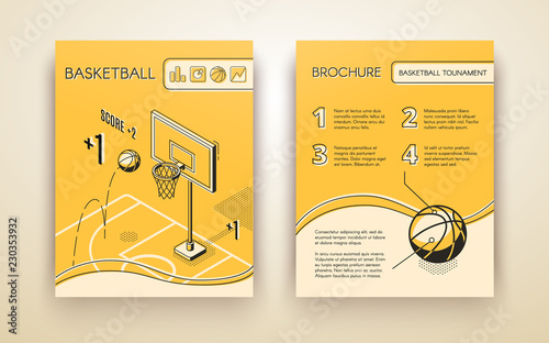 Basketball tournament promotional brochure or advertising flyer line art, isometric vector design template with ball jumping in hoop on basketball court illustration. Sport club, game match ad flyer