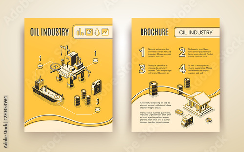 Oil industry, petroleum production company brochure, annual report cover isometric vector template with oil tanker, offshore drilling rig and bank line art illustrations. Fuel trading business booklet