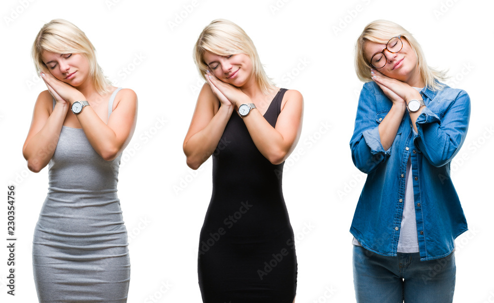 Collage of beautiful blonde woman over isolated background sleeping tired dreaming and posing with hands together while smiling with closed eyes. Collage of beautiful blonde woman over isolated background sleeping tired dreaming and posing with hands together while smiling with closed eyes.