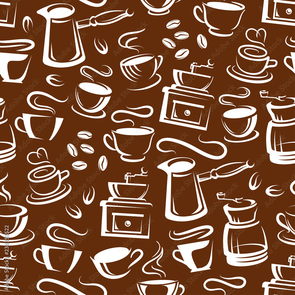 Steaming coffee cups brown seamless pattern