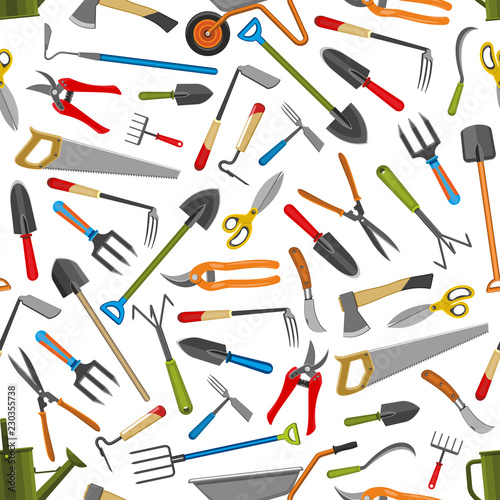 Gardening tools vector seamless pattern background