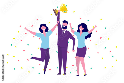 Business team achievements, Team victory, Win concept with characters. People holds a cup and celebrates success.