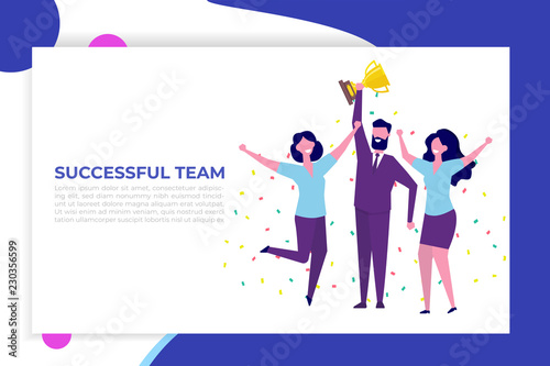 Business team achievements, Team victory, Win concept with characters. People holds a cup and celebrates success.