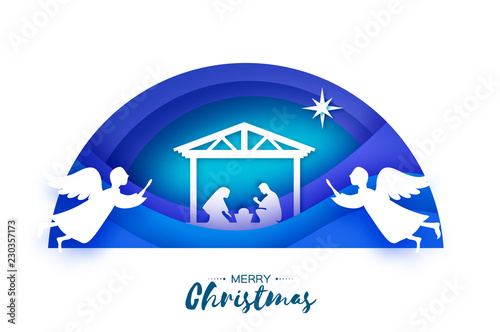 Birth of Christ. Baby Jesus in the manger. Holy Family. Magi. Angels. Star of Bethlehem - east comet. Nativity Christmas design in paper art style. Happy new year. SemiCircle tunnel frame. Blue.