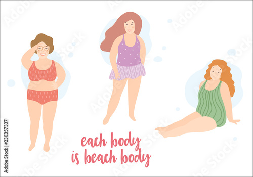 Happy smiling plus size girls wearing swimming suits and bikini. Body positive feminism quote. Women standing and sitting on the beach. Vector illustration, cute cartoon flat style.