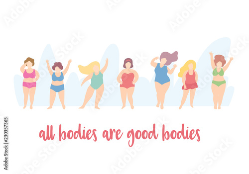 Set of body positive woman characters.Love yourself concept.Happy active girls wearing bikini or swimming suits, standing, sitting, jumping.Cute cartoon simple minimal flat style.Vector illustration