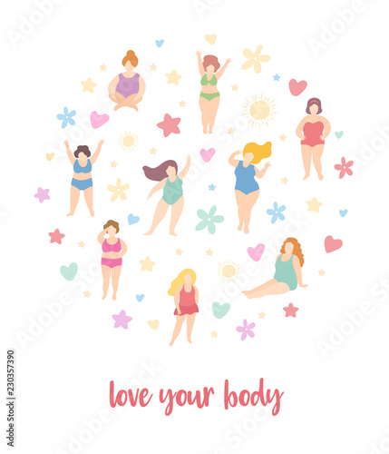 Set of body positive woman characters.Love yourself concept.Happy active girls wearing bikini or swimming suits, standing, sitting, jumping.Cute cartoon simple minimal flat style.Vector illustration