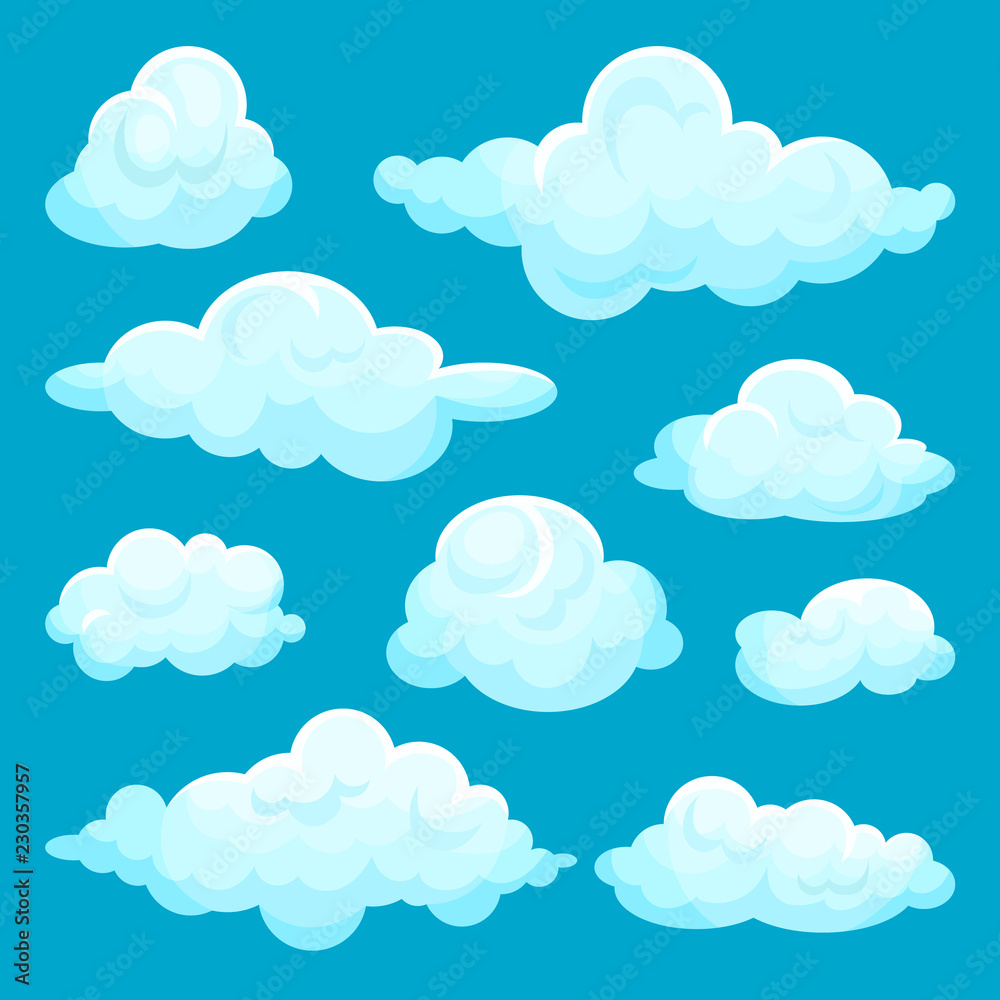 Flat vector set of fluffy clouds. Sky and weather elements. Cartoon design for mobile game, children book or greeting card