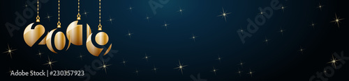 2019 Happy New Year header background. Golden balls and stars, banner