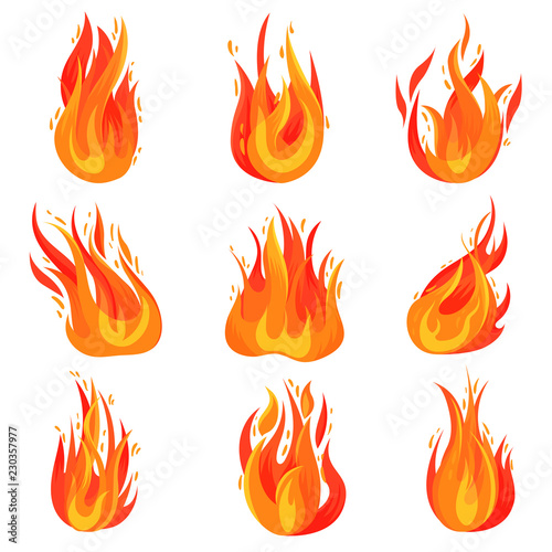 Flat vector set of bright red-orange fires. Hot blazing flames. Burning campfires. Cartoon symbol of danger