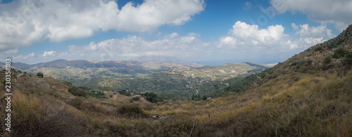 Hania, Crete - 09 25 2018: Polirinia. Small mountain. Panoramic view with sea