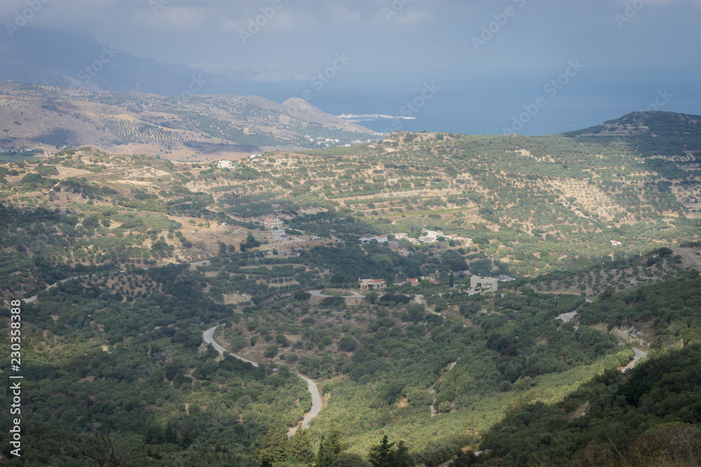 Hania, Crete - 09 25 2018: Polirinia. Small mountain. Panoramic view with sea