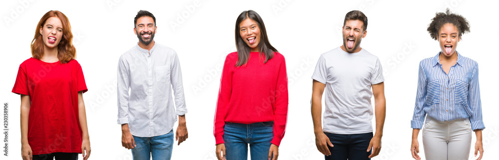 Collage of group chinese, indian, hispanic people over isolated background sticking tongue out happy with funny expression. Emotion concept. Collage of group chinese, indian, hispanic people over isolated background sticking tongue out happy with funny expression. Emotion concept.