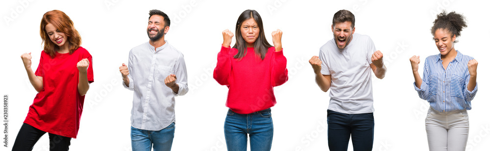 Collage of group chinese, indian, hispanic people over isolated background very happy and excited doing winner gesture with arms raised, smiling and screaming for success. Celebration concept.
