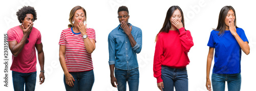 Composition of african american, hispanic and chinese group of people over isolated white background bored yawning tired covering mouth with hand. Restless and sleepiness.