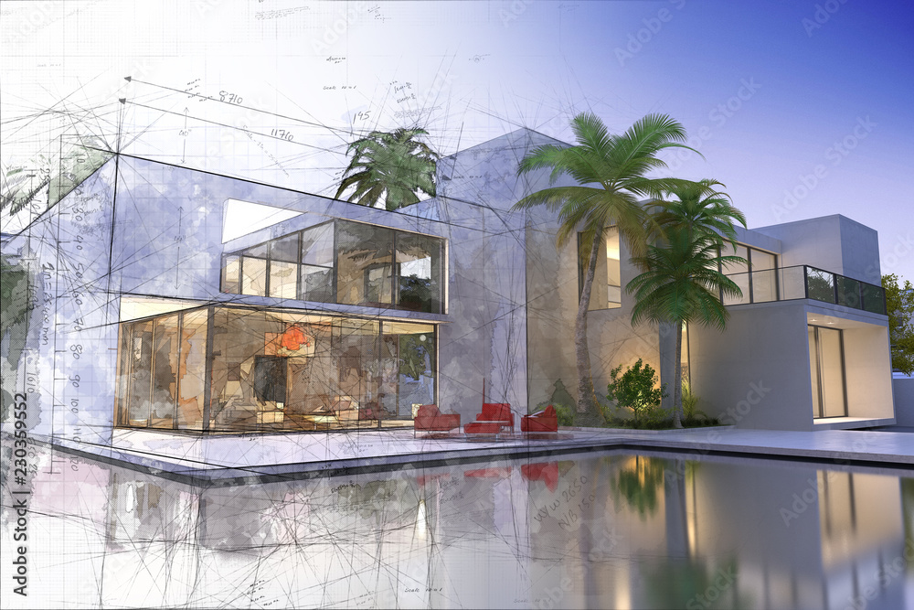 Draft and final rendering of luxurious villa - obrazy, fototapety, plakaty 