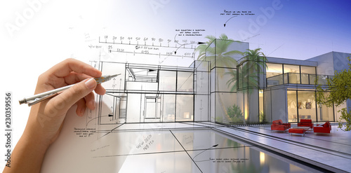 Hand drawing a designer villa with pool