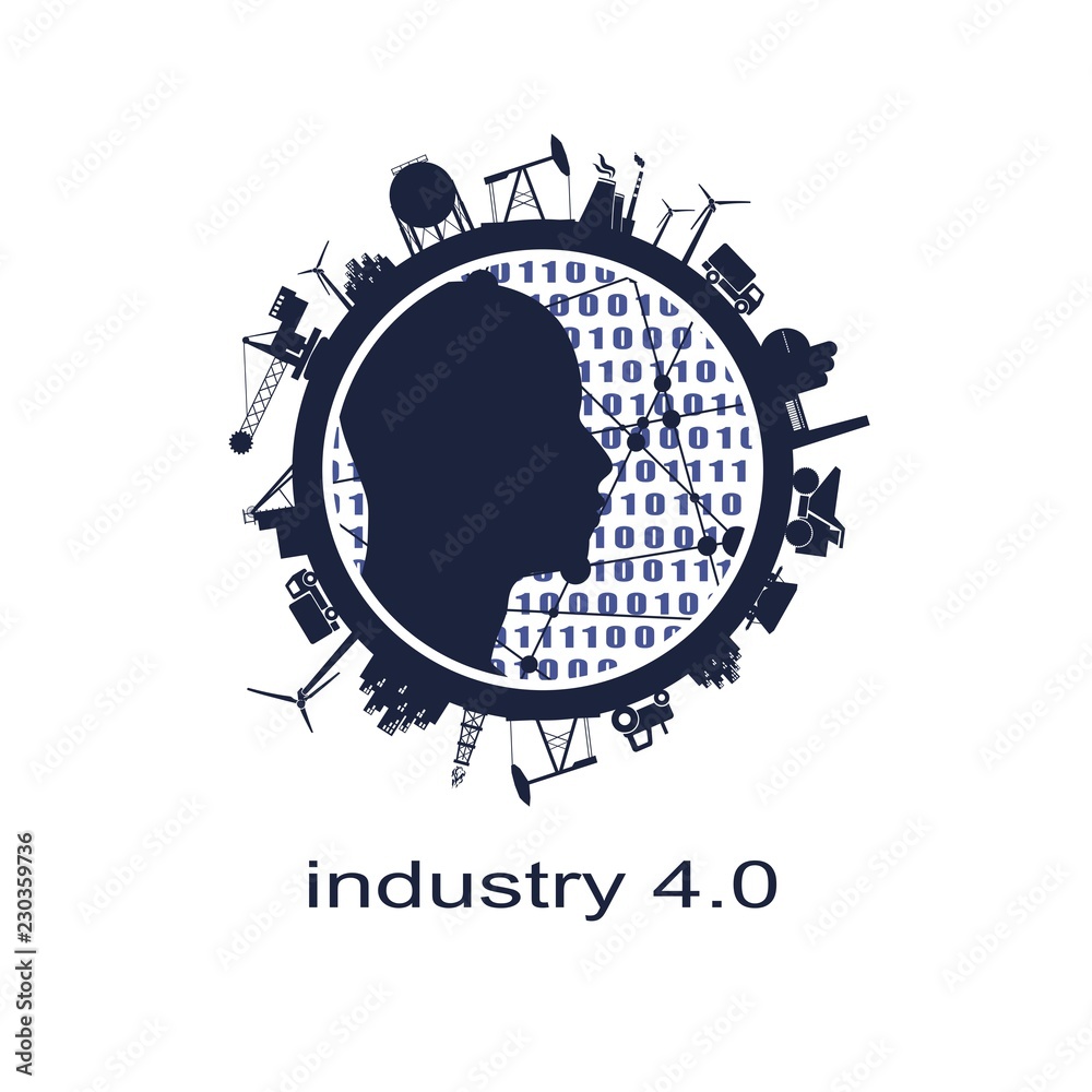 Circle with industry relative silhouettes. Objects located around the circle. Industrial design background. Binary code and human head in the center. Industry four point zero concept Circle with industry relative silhouettes. Objects located around the circle. Industrial design background. Binary code and human head in the center. Industry four point zero concept