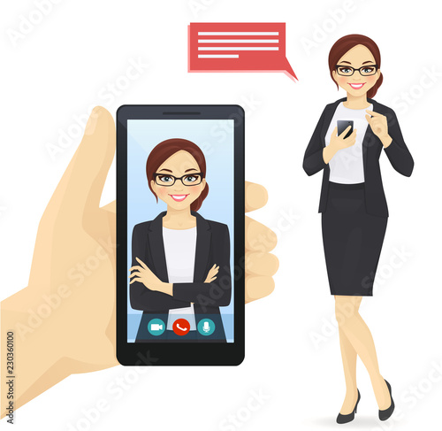 Hand holding smartphone with online business woman video chat vector illustration
