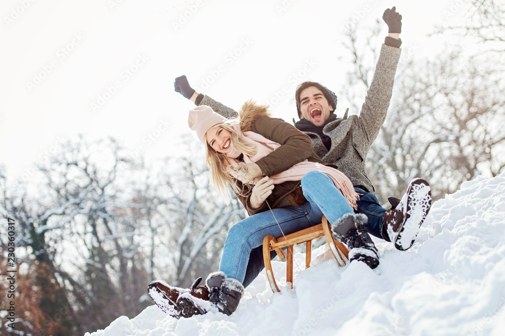 Two young people sliding on a sled  - obrazy, fototapety, plakaty 